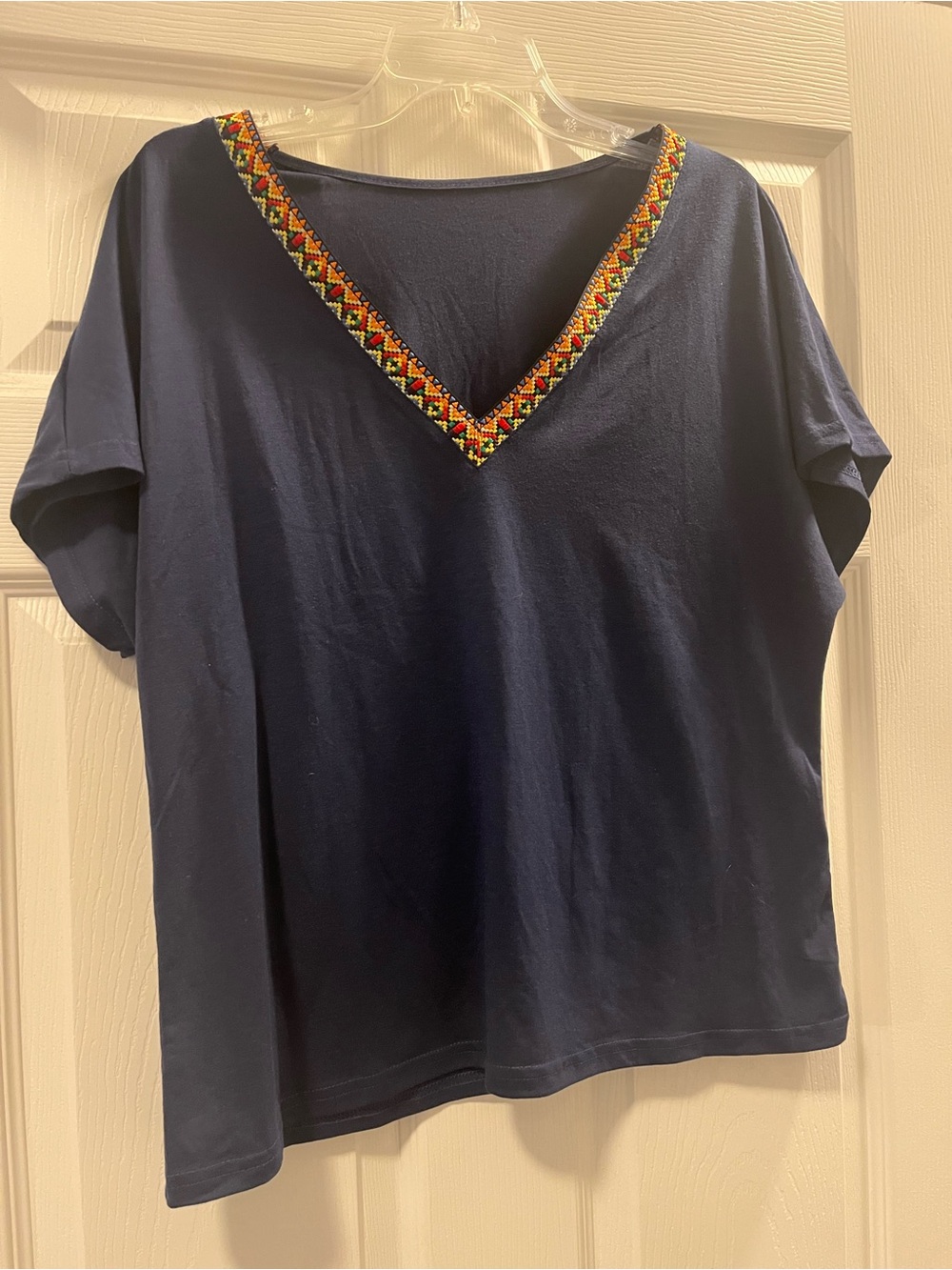 Women's Navy V-Neck Top with Beaded Trim